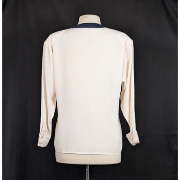 Vintage 90s Blouse Cream Navy Blue Pleated Office Top Misses Size 6 Talbots - Picture 5 of 8
